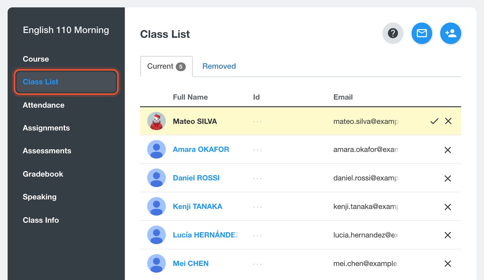 قائمة الفصل مع تمييز Class List