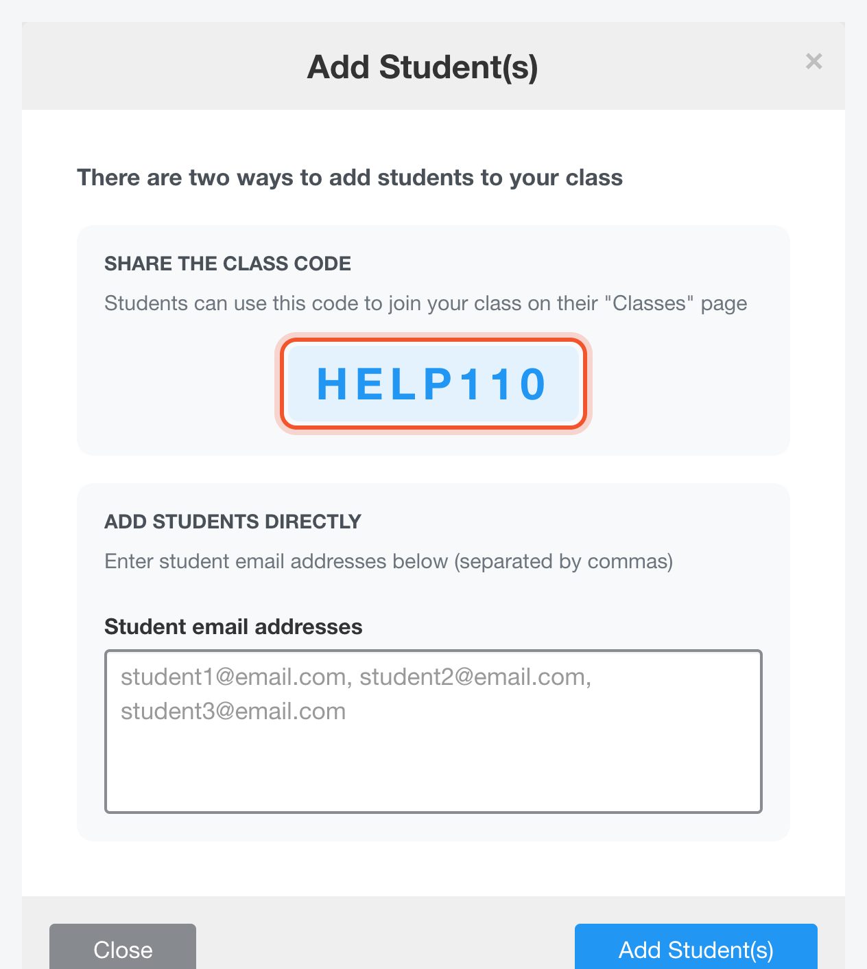 La fenêtre Add Student(s) affichant le code de classe
