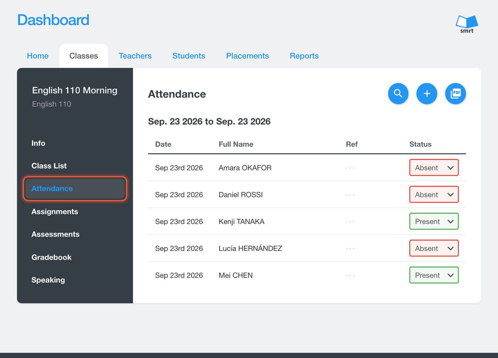 Una classe aperta sulla scheda Attendance