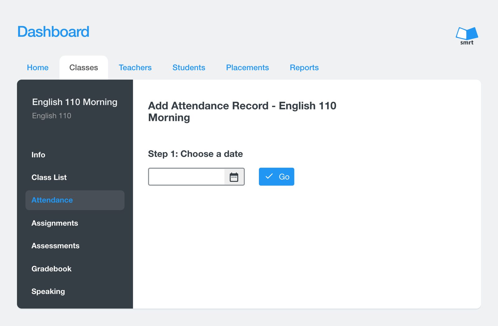 La pagina Add Attendance Record che chiede una data