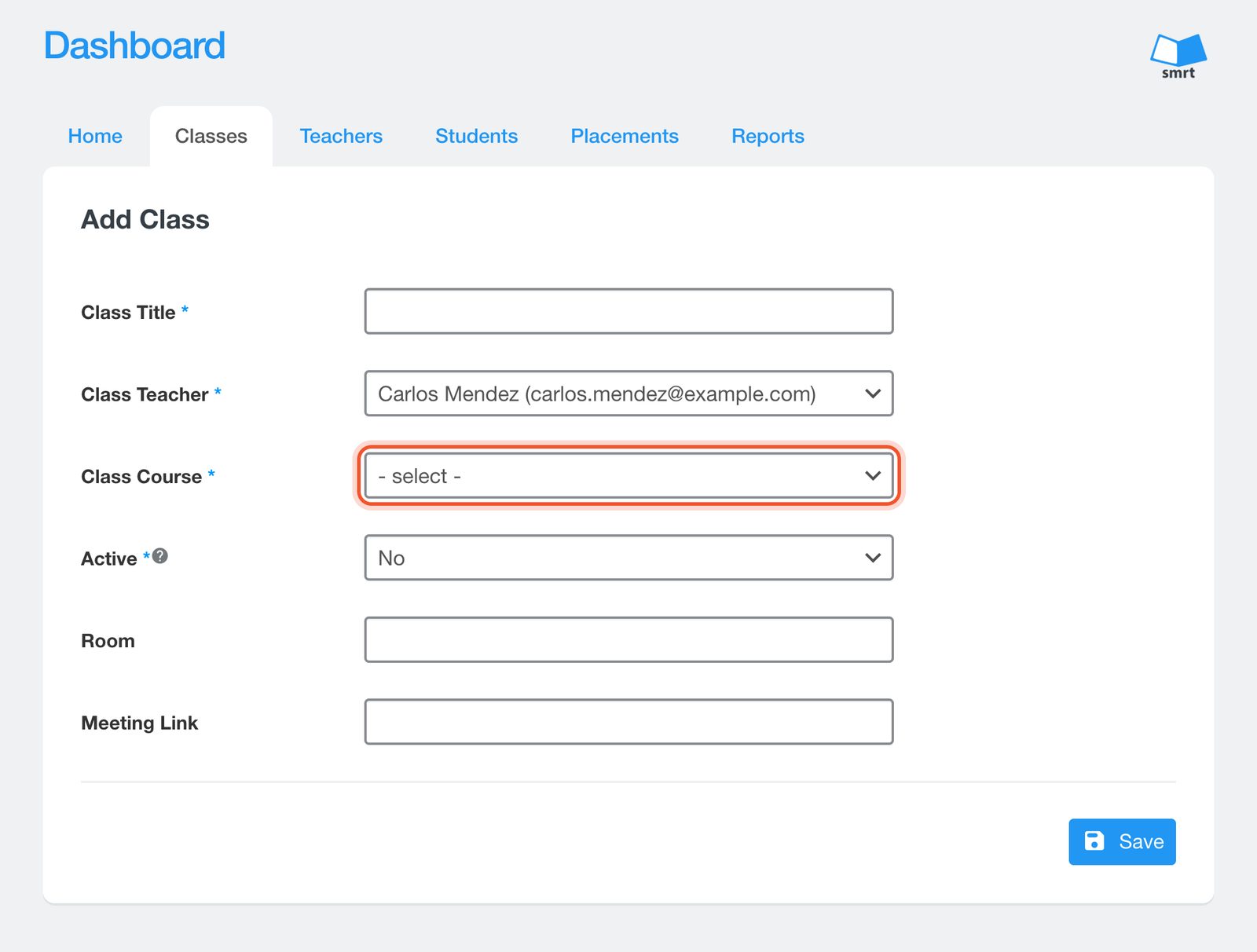 نموذج Add Class مع تمييز قائمة Class Course