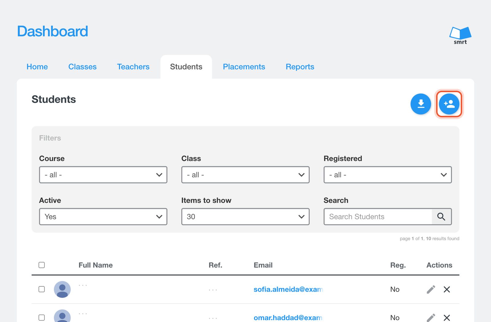 The Students page with the Add Student(s) button