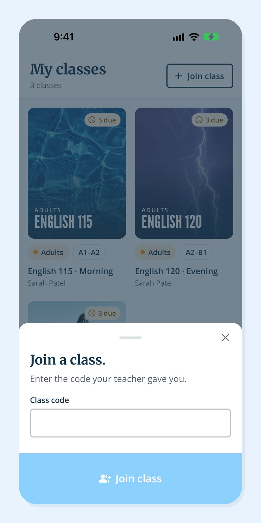 The Join a class sheet with the class code box