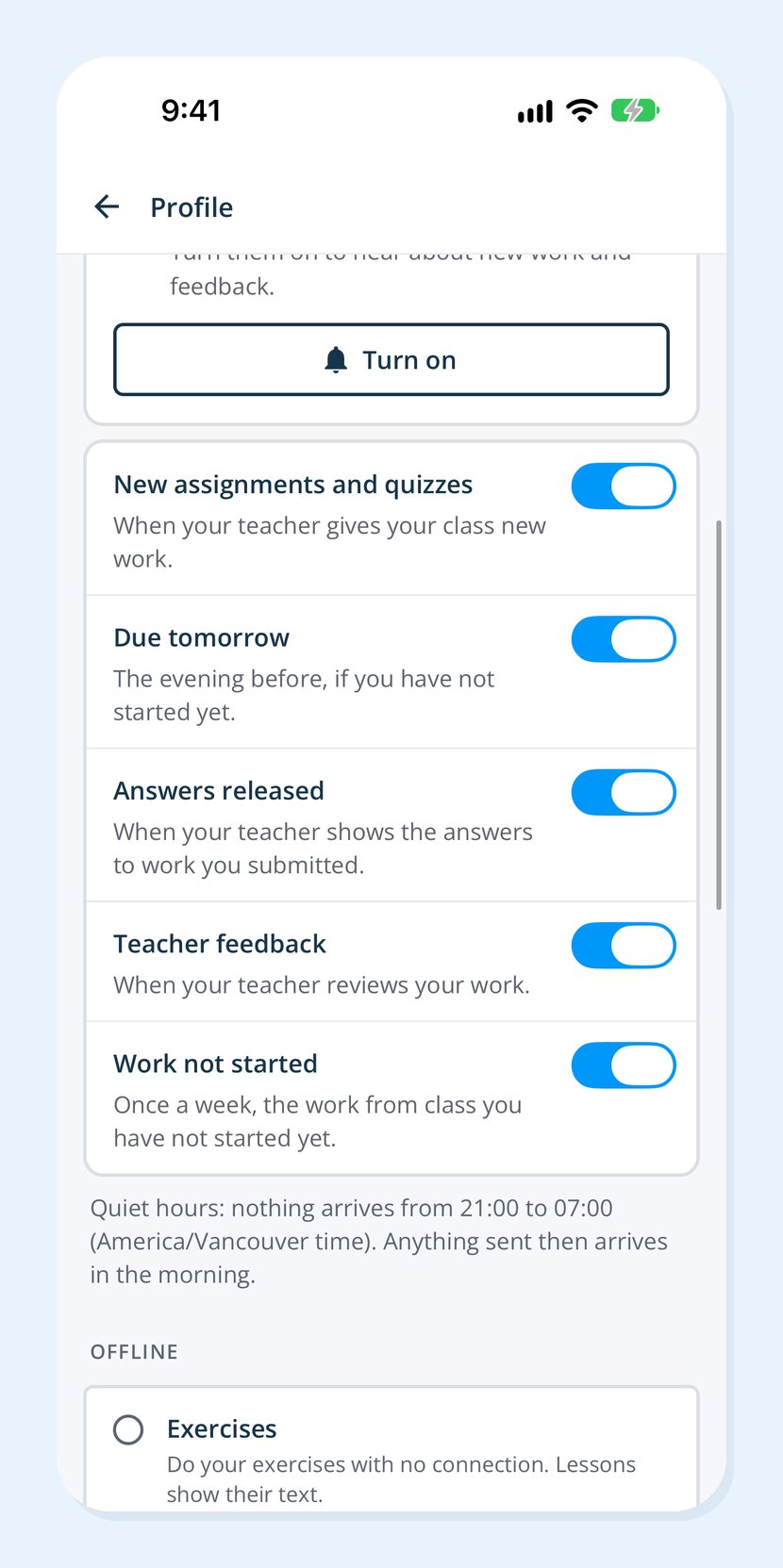 The notification switches in Profile