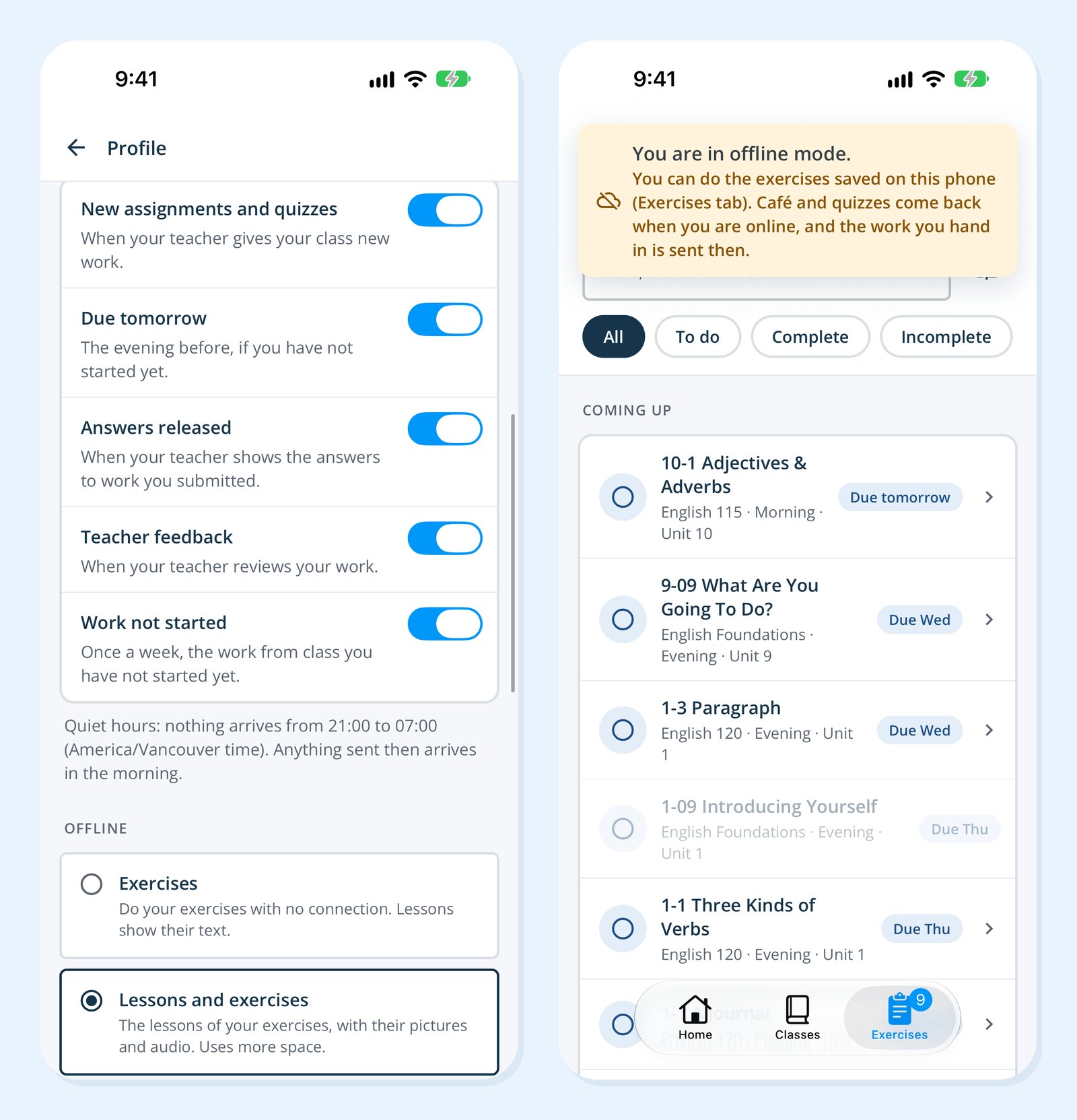 The Offline choices in Profile, and the Exercises tab in offline mode