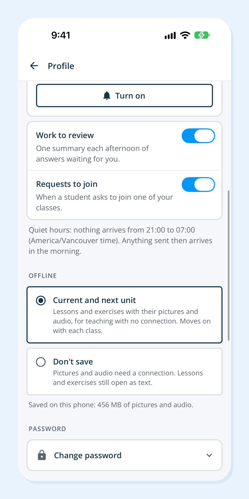 The Offline choices for teachers in Profile