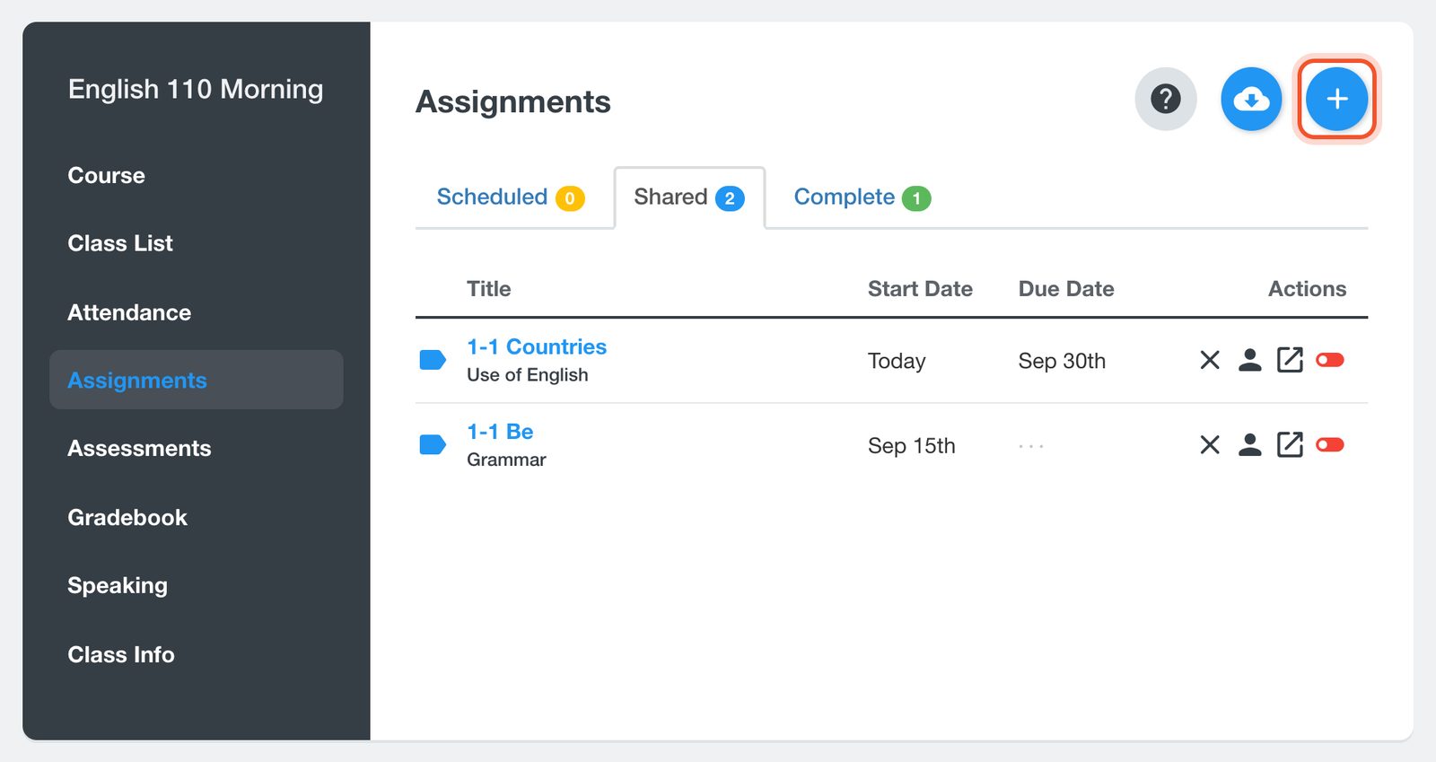 Il pulsante di aggiunta nella pagina Assignments