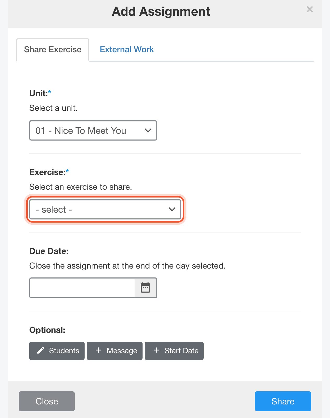 La finestra Add Assignment con il menu Exercise evidenziato