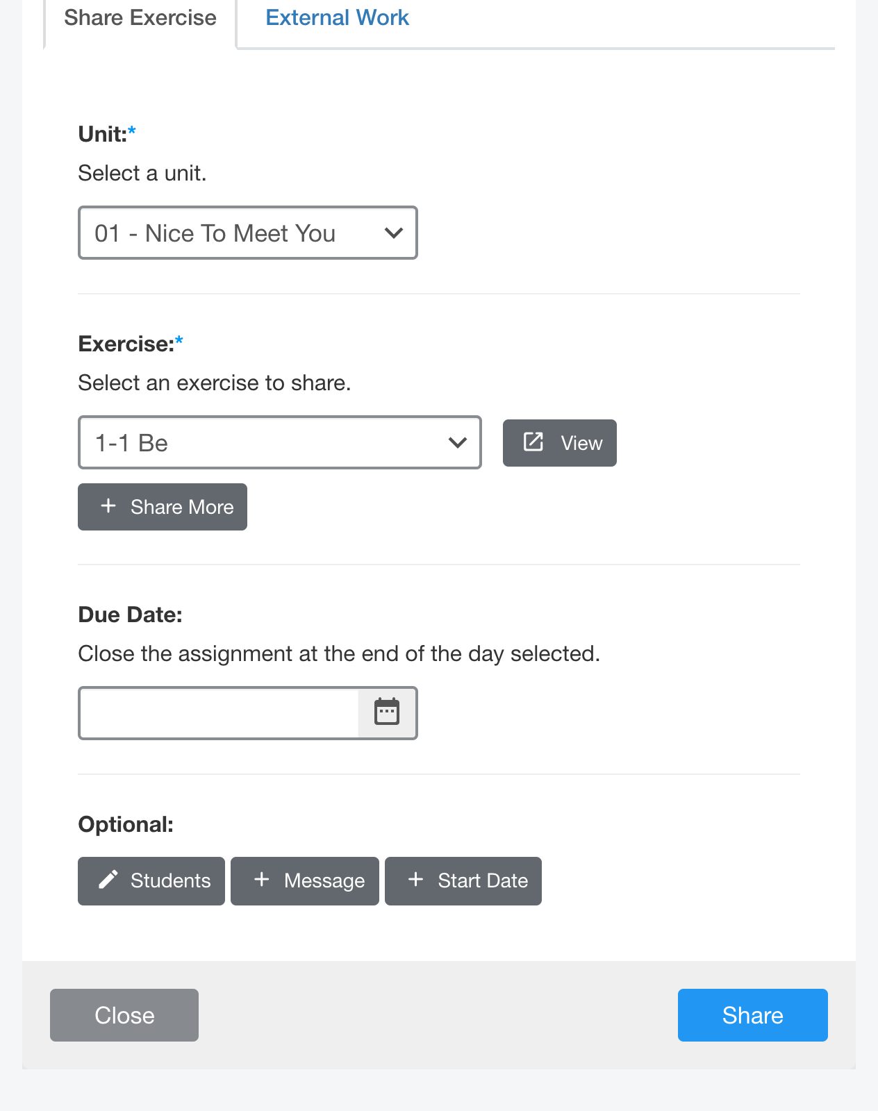 Il pulsante Share nella finestra Add Assignment