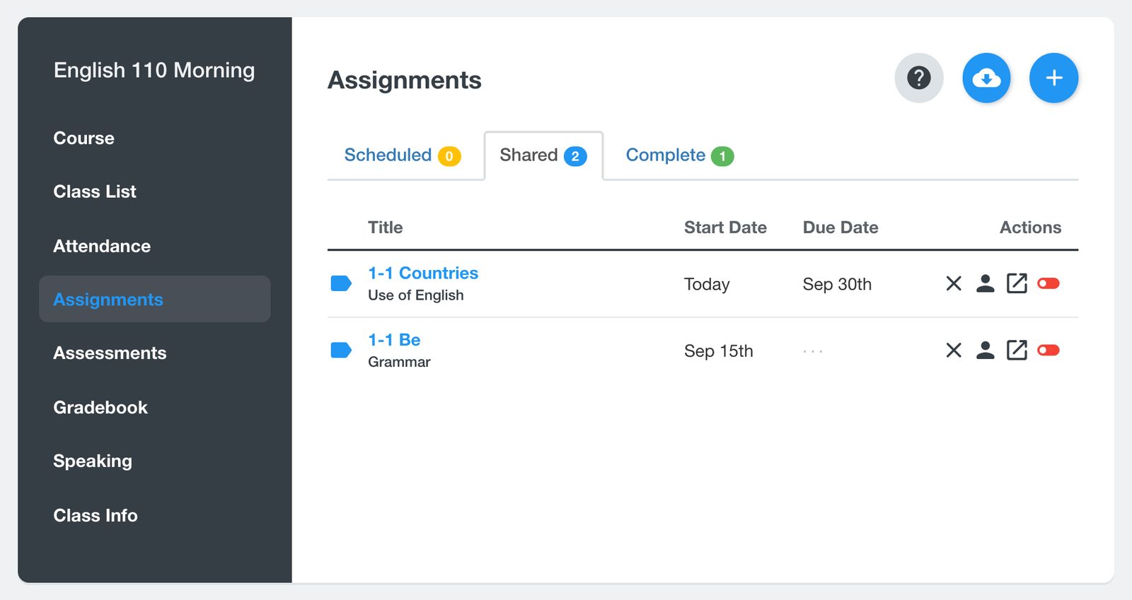 La pagina Assignments con l’esercizio condiviso
