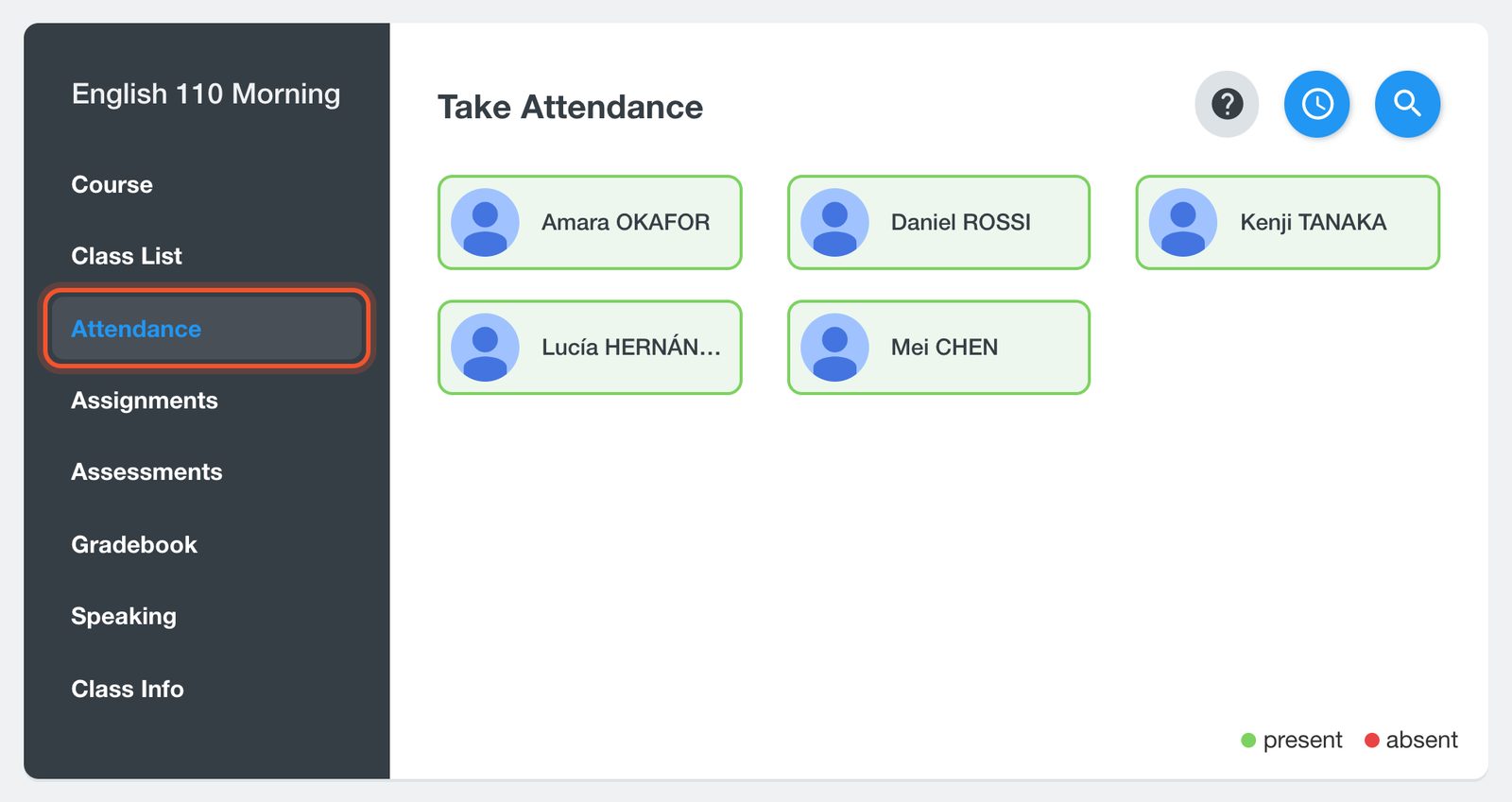 Attendanceが強調表示されたクラスメニュー