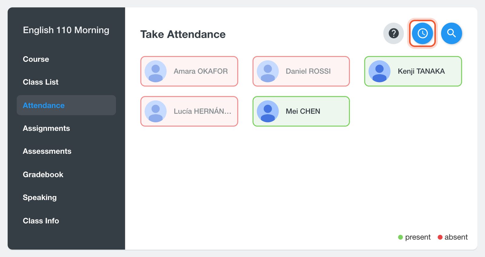 페이지 상단의 Take Attendance 버튼