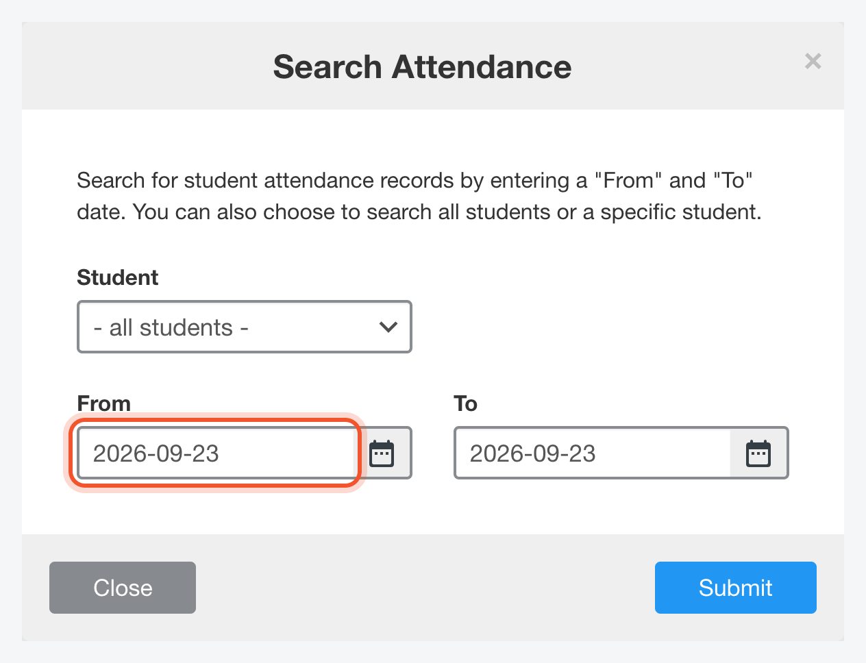From과 To 날짜가 있는 Search Attendance 창