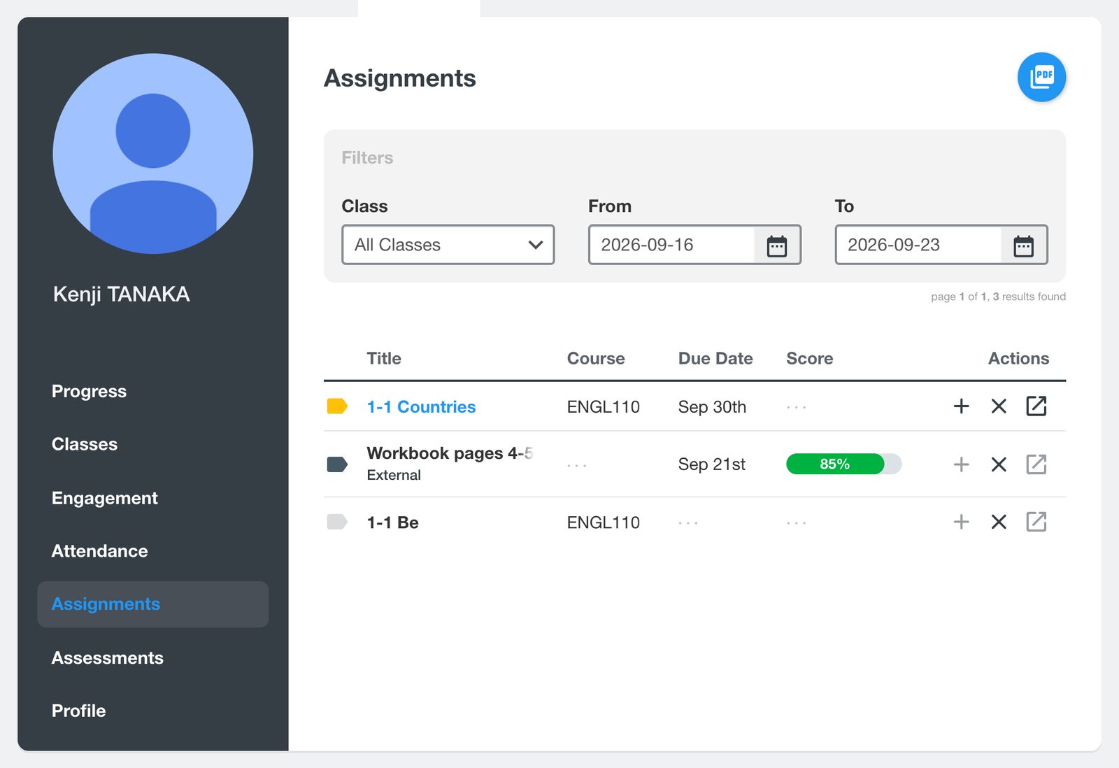 Учащийся, открытый на вкладке Assignments