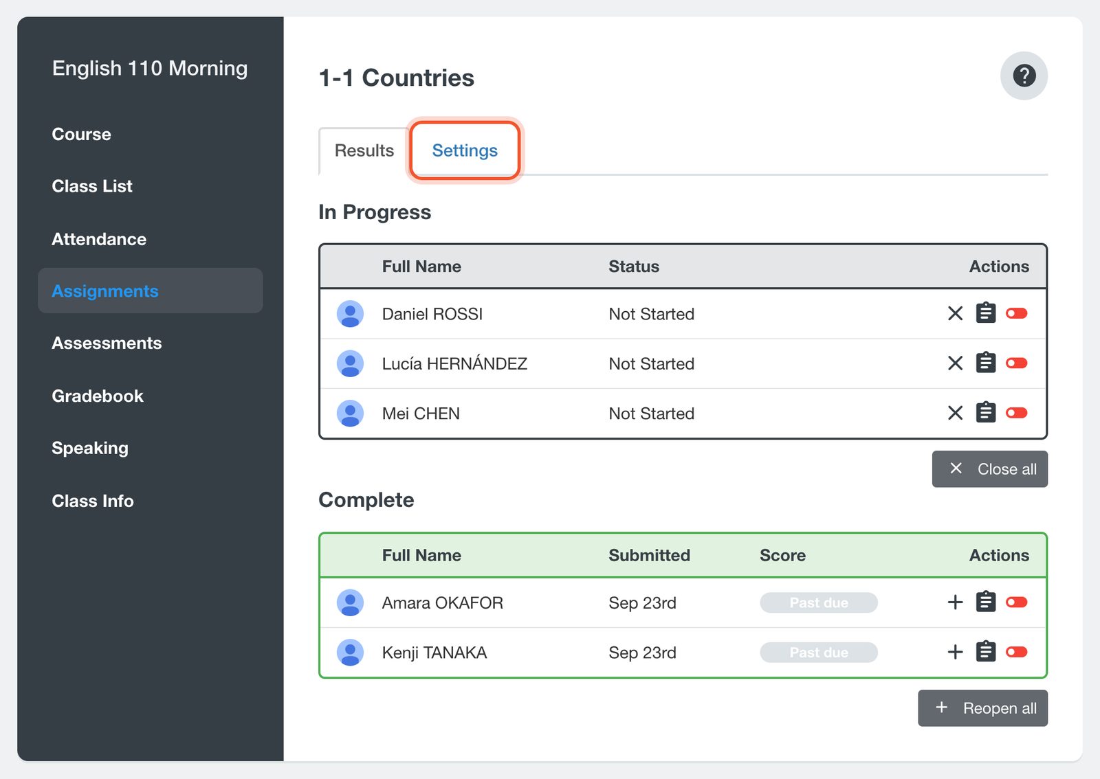 The Settings tab on an assignment's results page