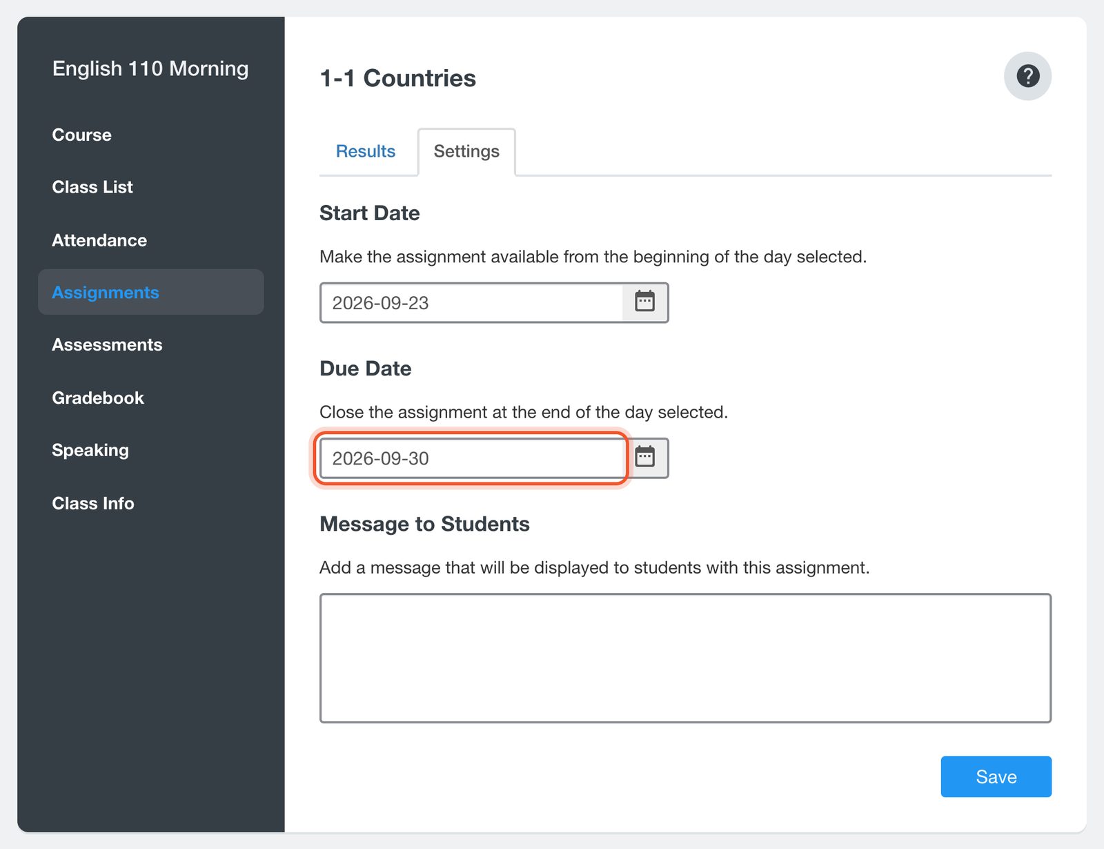 The Due Date field on the Settings tab