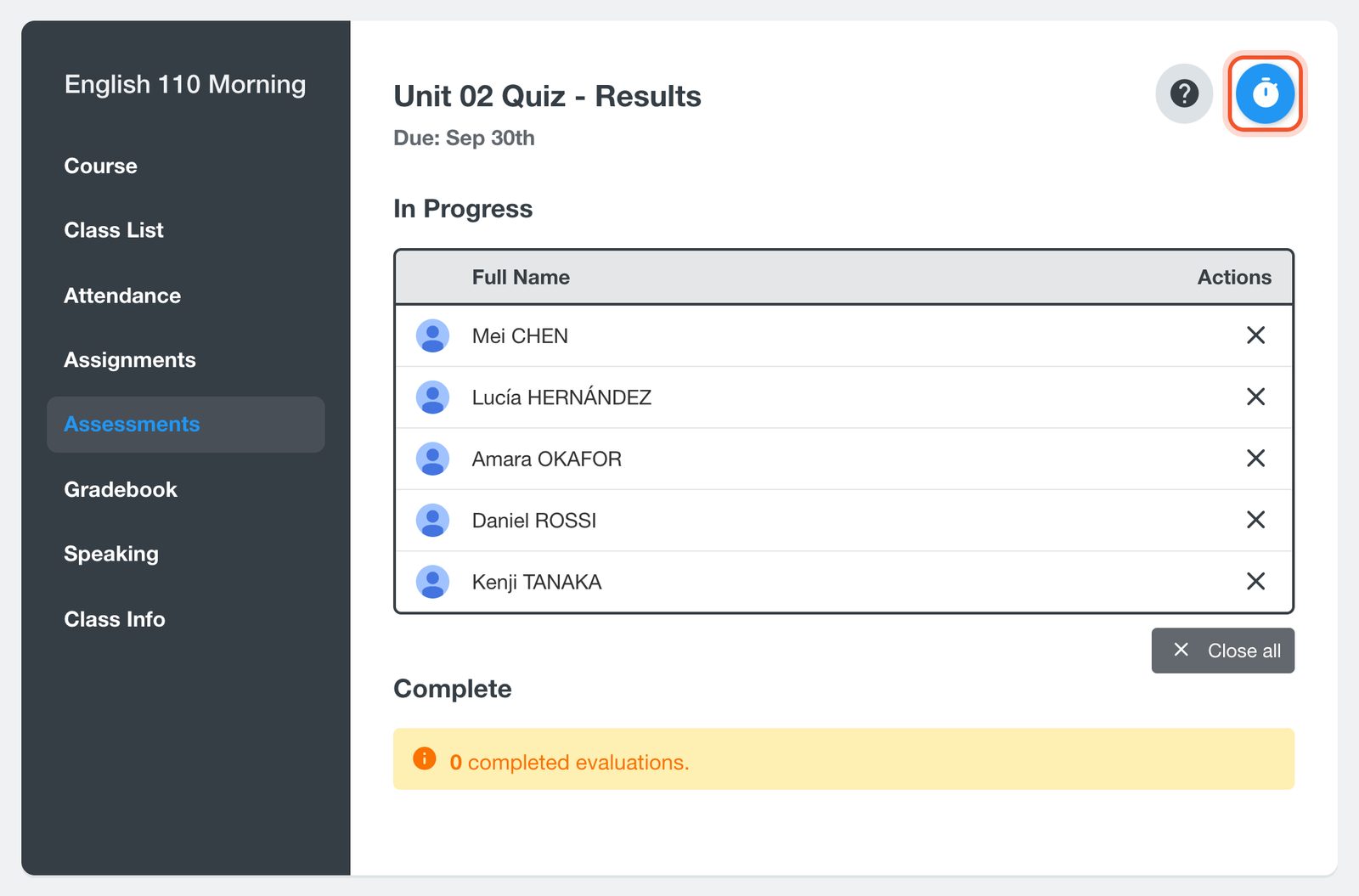 The Change Due Date button on a quiz's results page