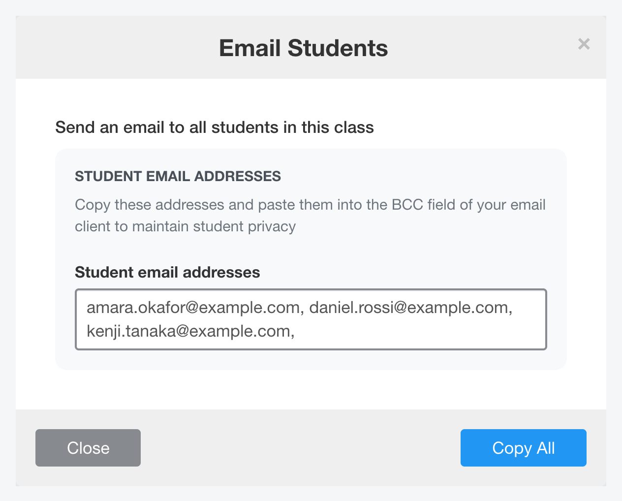 La finestra Email Students con il pulsante Copy All