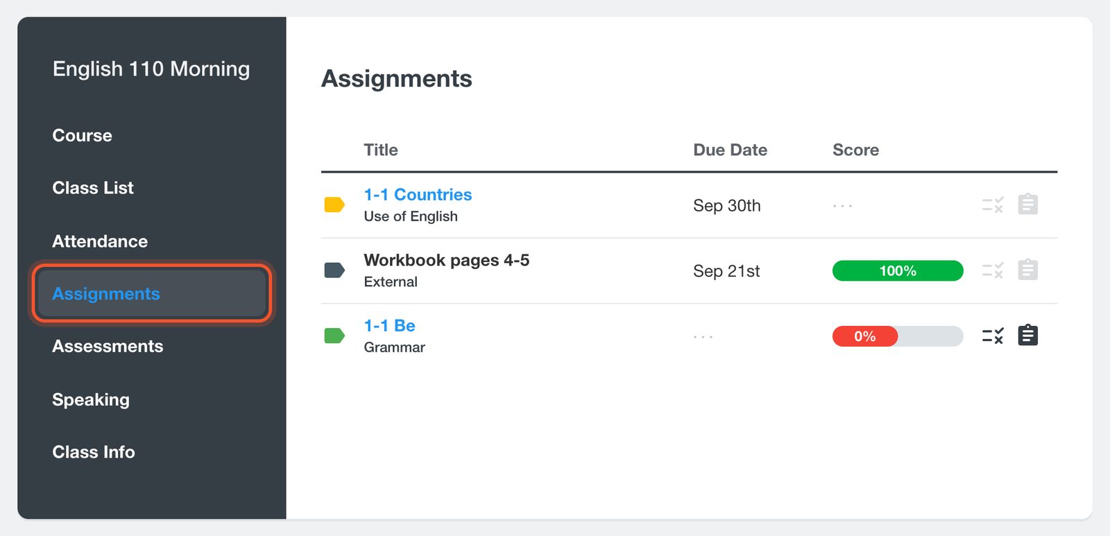 หน้า Assignments ของนักเรียนที่แสดงคะแนน