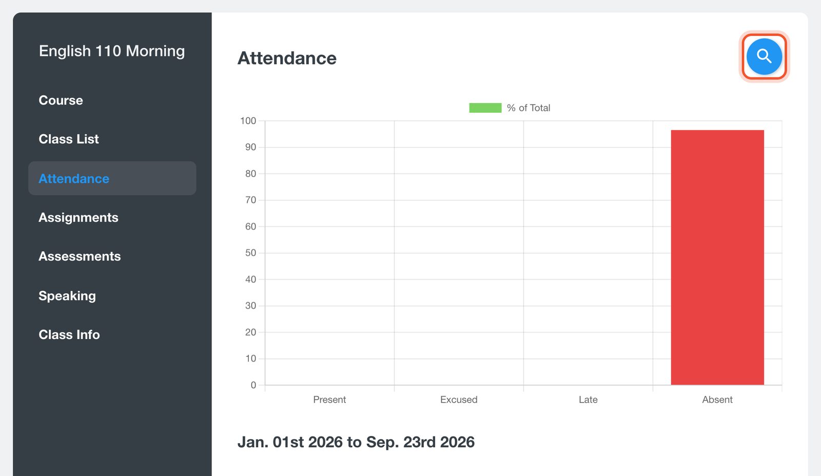 หน้า Attendance ของชั้นเรียนที่ไฮไลต์ปุ่ม Search Attendance ไว้