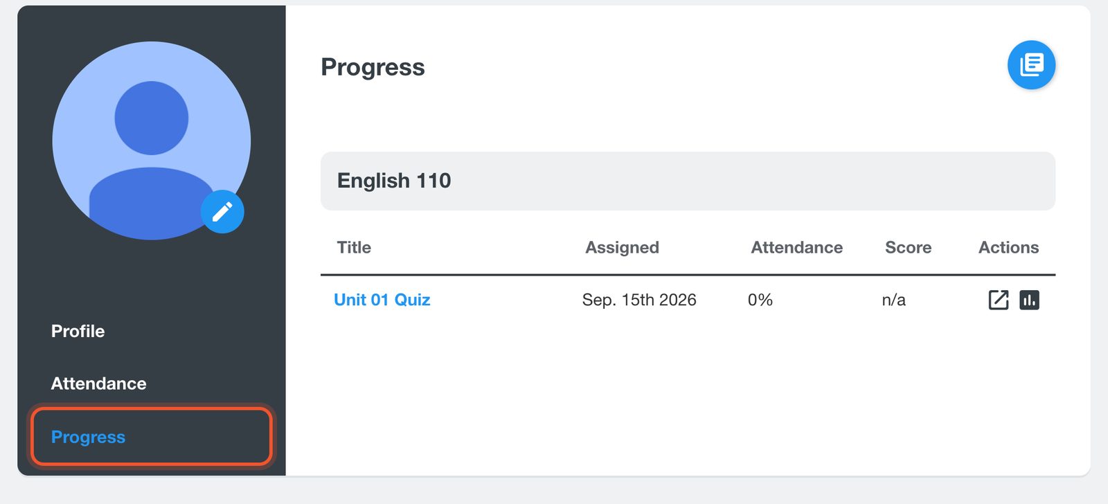 หน้า Progress ที่แสดงหลักสูตรและผลแบบทดสอบย่อย