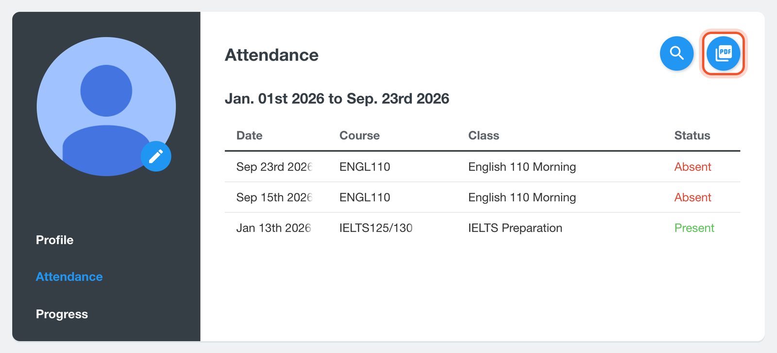 La pagina Attendance in Me con il pulsante Download Attendance evidenziato