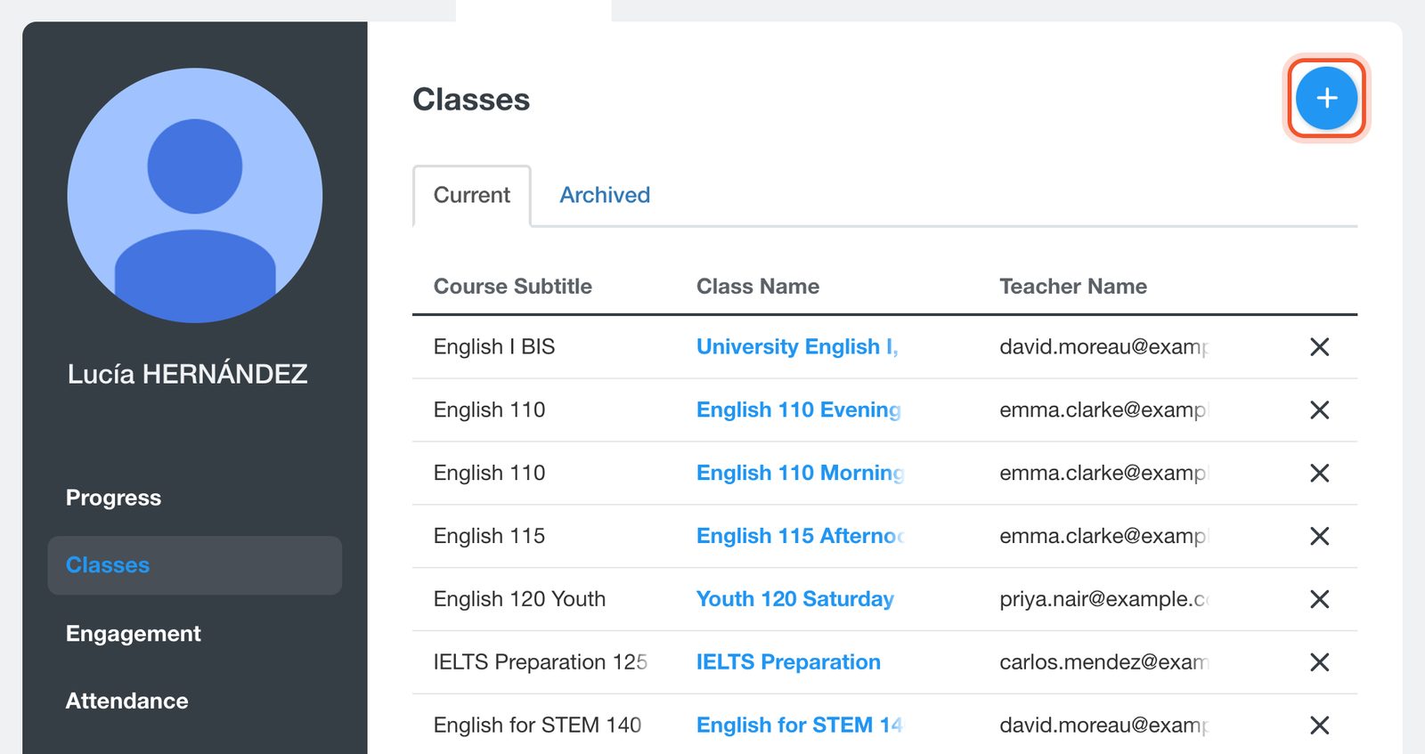 Страница Classes учащегося с кнопкой добавления