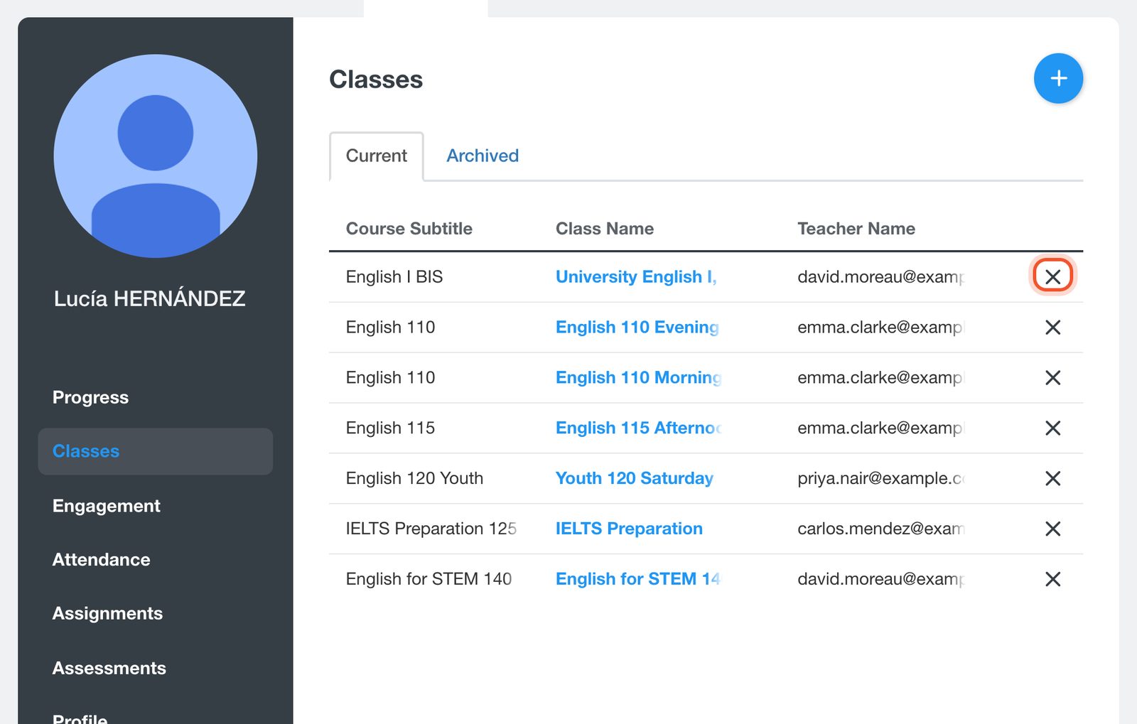 The Remove from Class button beside a class