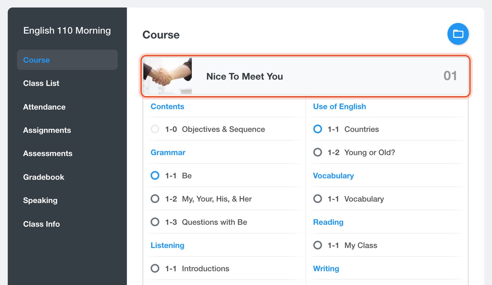 Un’unità nella pagina Course