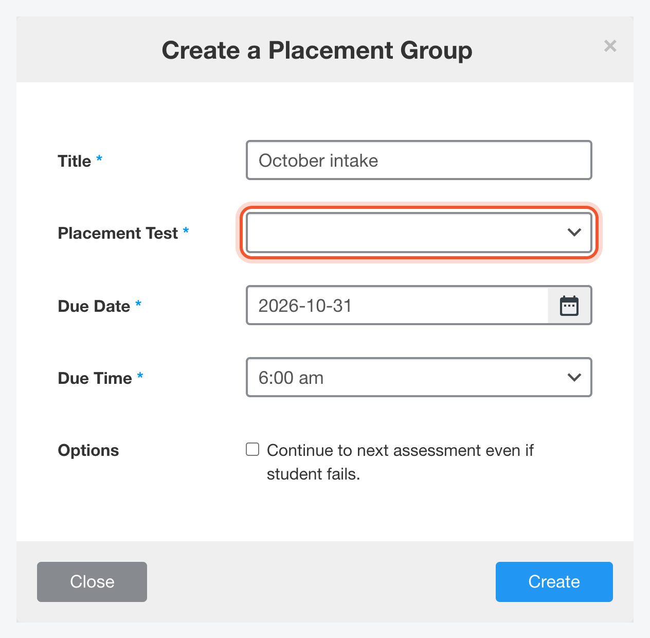 La ventana Create a Placement Group con un examen seleccionado
