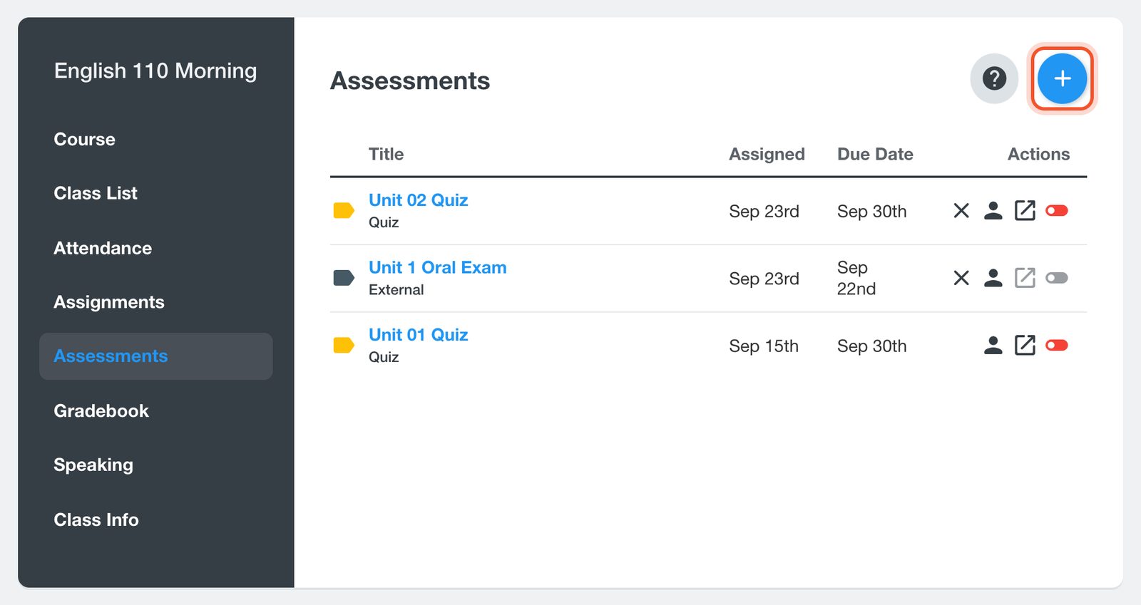 ปุ่มเพิ่มในหน้า Assessments