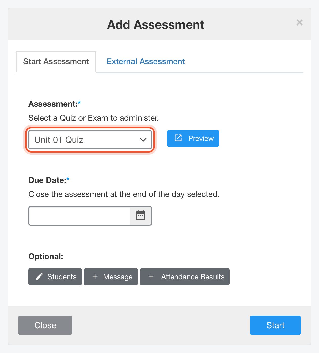 Il menu Assessment con Unit 01 Quiz selezionato