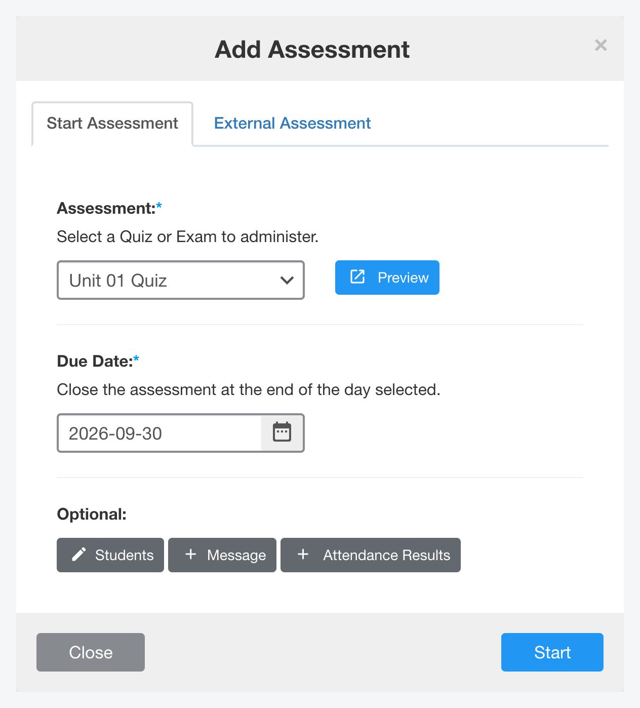 ปุ่ม Start ในหน้าต่าง Add Assessment