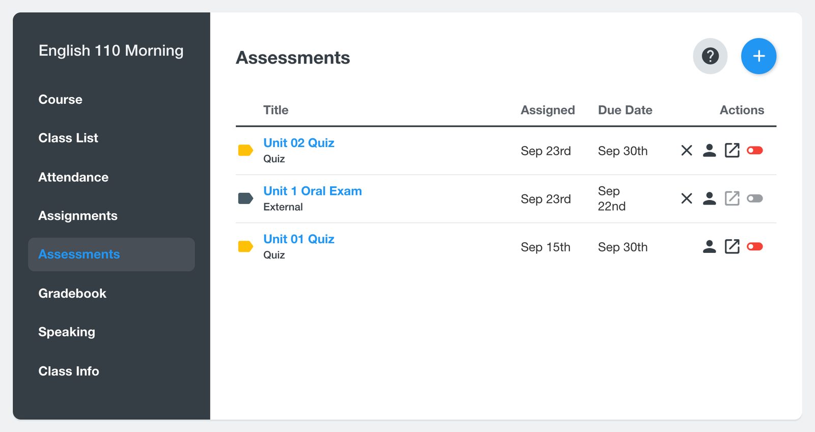 La pagina Assessments con Unit 01 Quiz