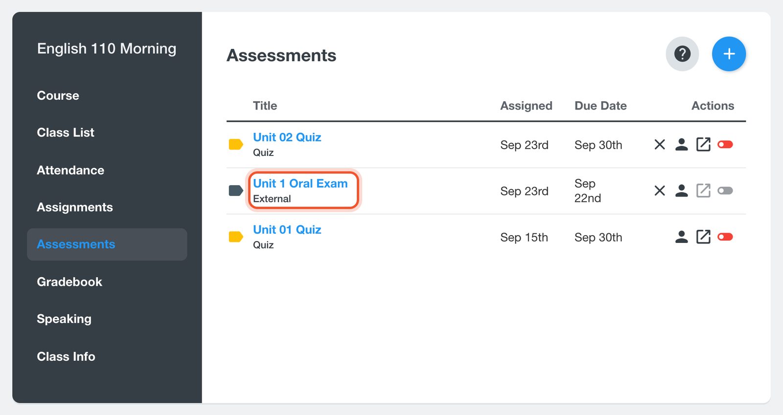 Una verifica esterna nella pagina Assessments