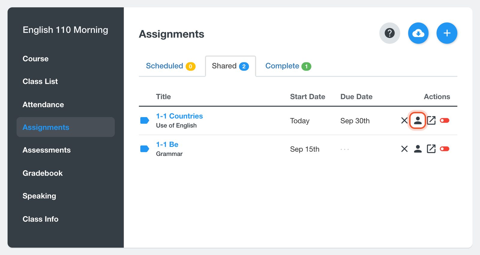 Il pulsante Student Results nella pagina Assignments
