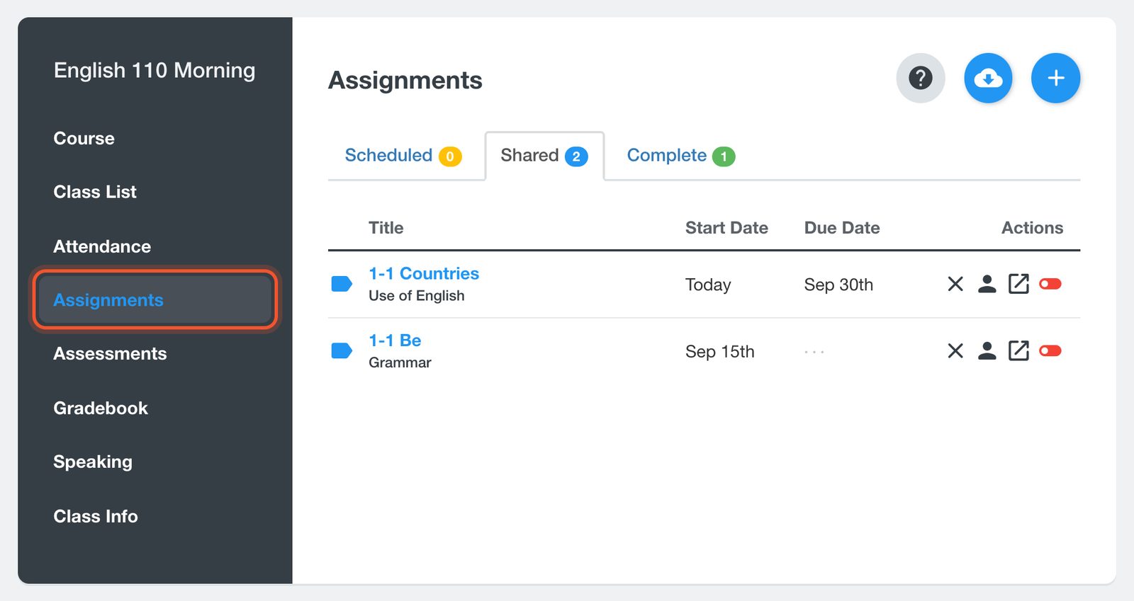 قائمة الفصل مع تمييز Assignments