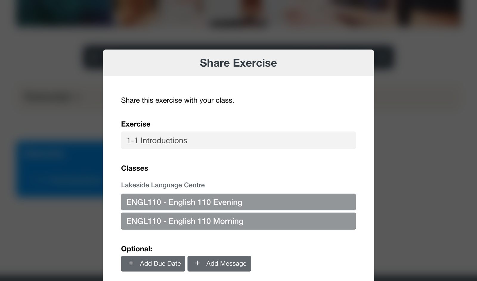 La finestra Share Exercise con un elenco di classi