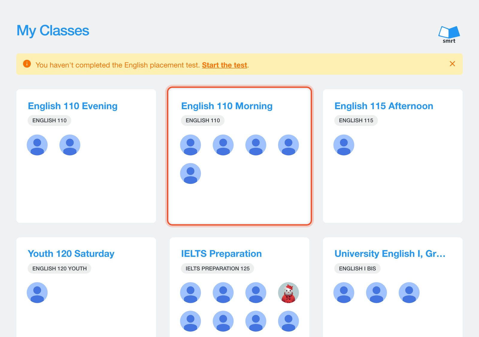 صفحة Classes مع تمييز أحد الفصول