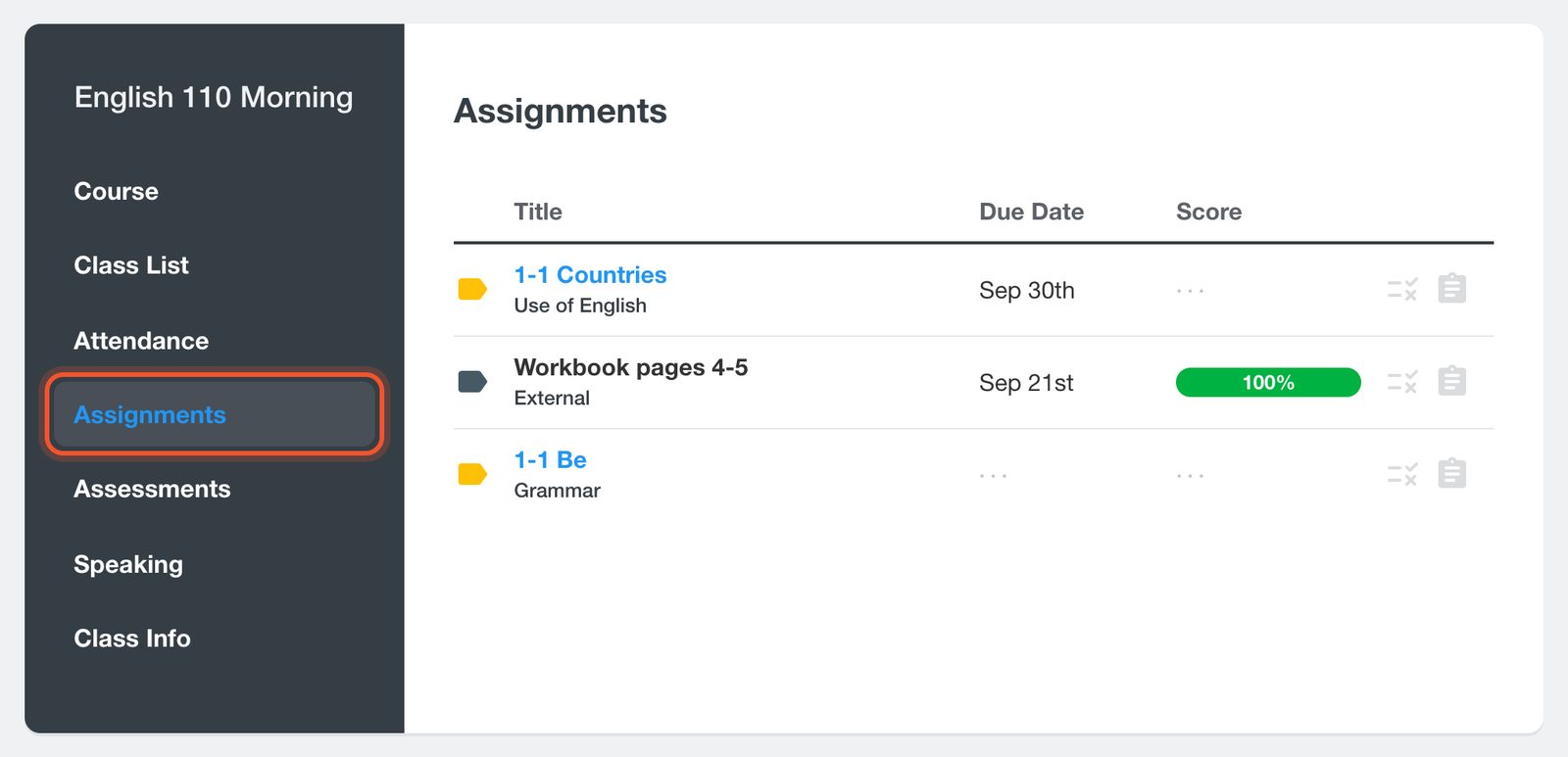Strona Assignments ucznia