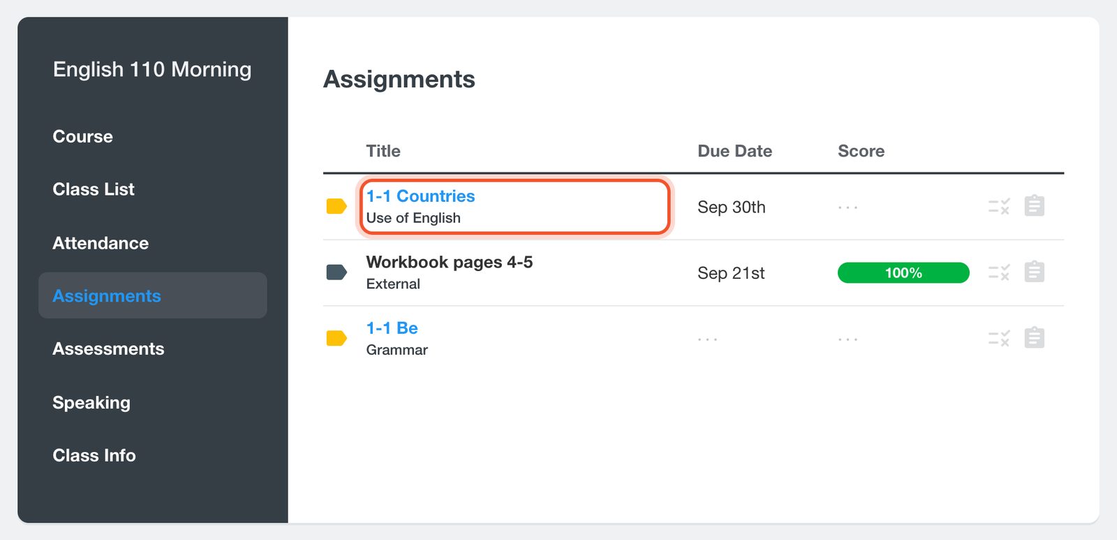 Tytuł zadania na stronie Assignments ucznia