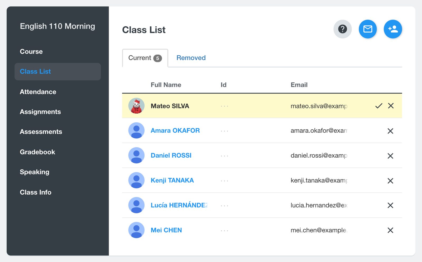 Class List上的學生姓名