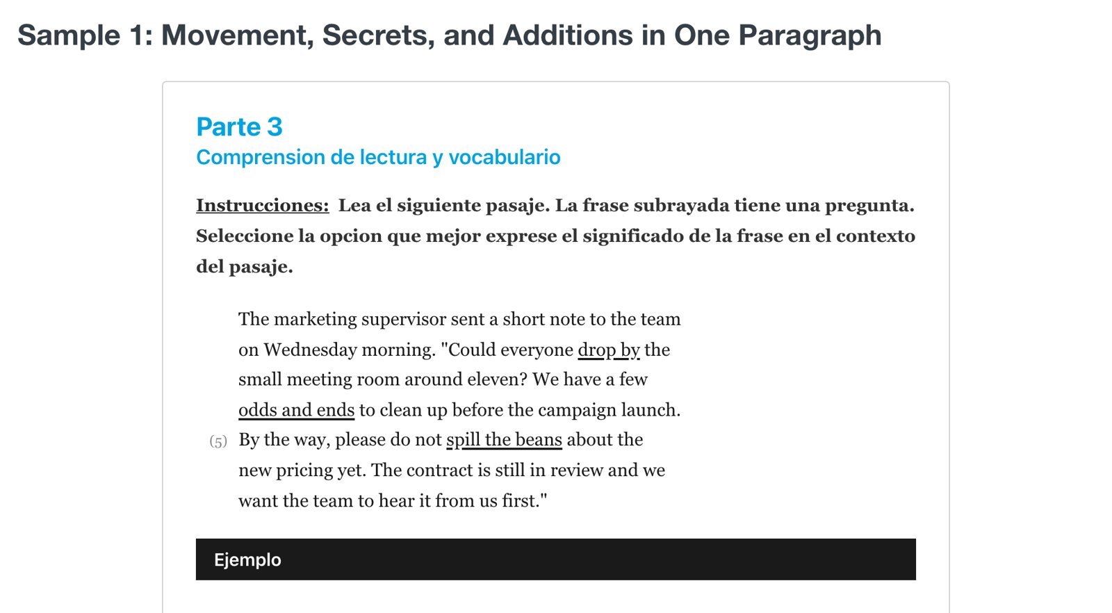 A walked-through ELASH II reading item on workplace idioms, with the answer and a Spanish explanation