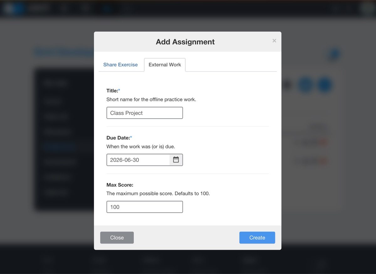 The Add Assessment window with the External Assessment tab open