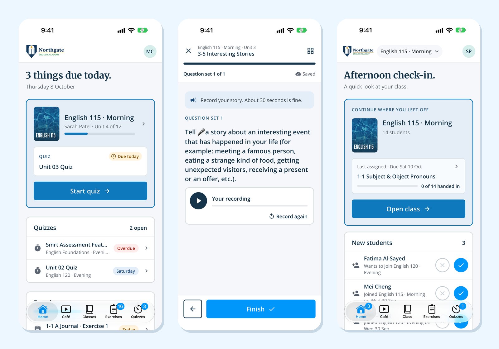 The student Home screen, a speaking question and the teacher Home screen in the Smrt app