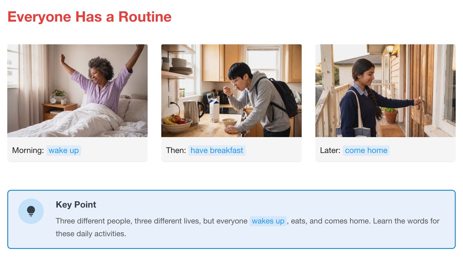 A lesson on daily routines with three photos, each labelled with a routine verb, and a key point box