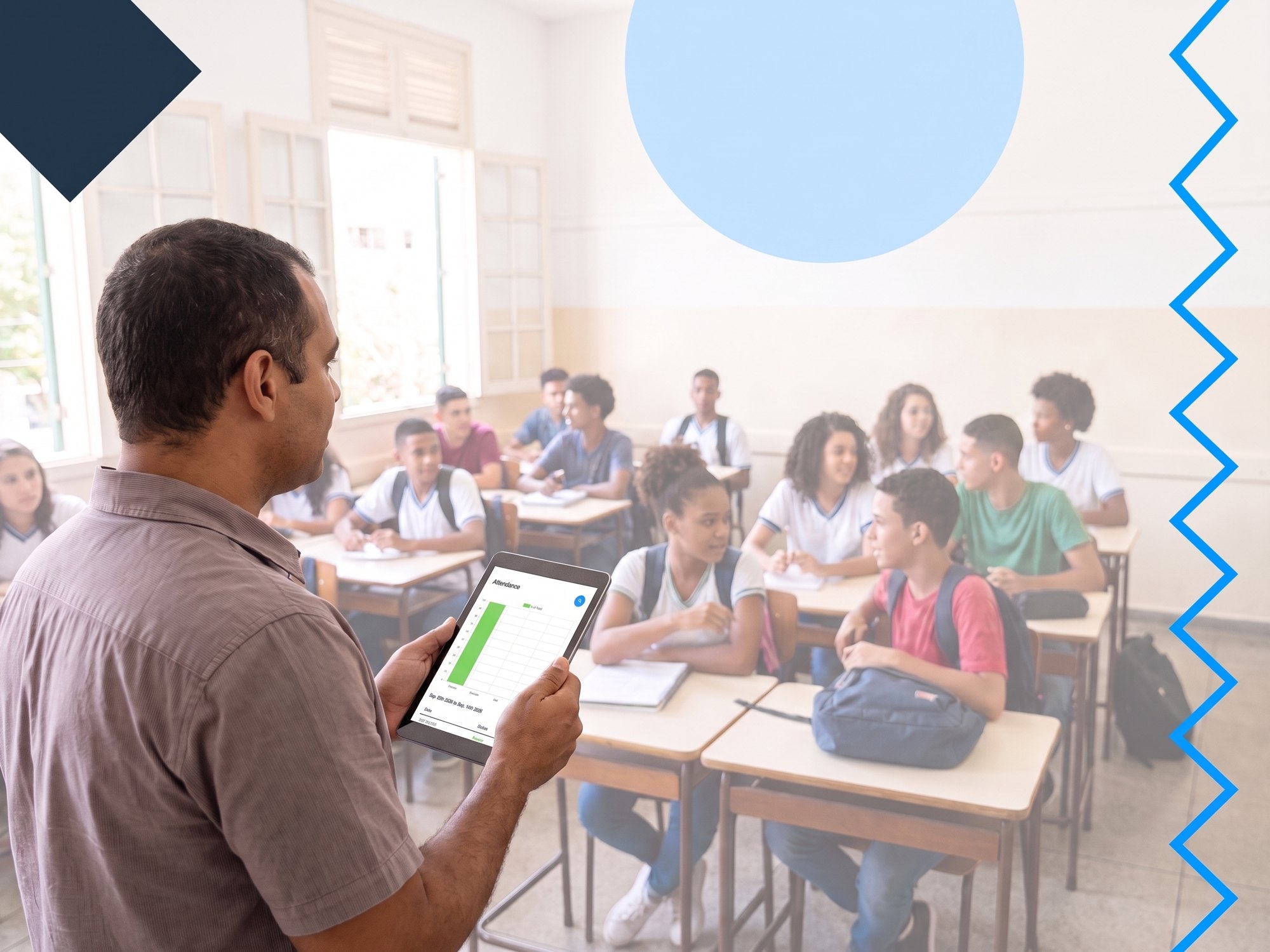 Un enseignant fait l’appel sur une tablette pendant que sa classe s’installe
