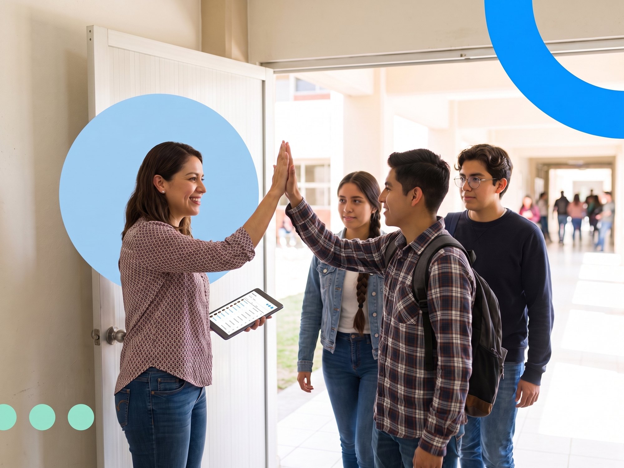 Une enseignante accueille ses élèves à la porte de la classe, la liste de la classe sur sa tablette
