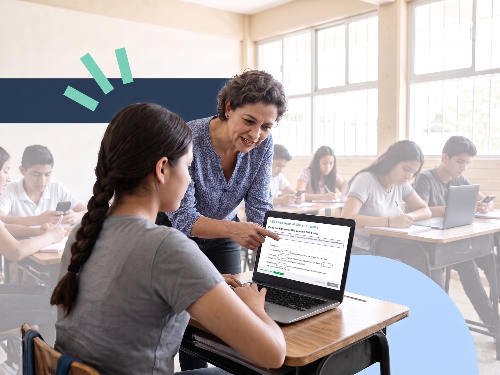 A teacher helping a student at her laptop in a public school class