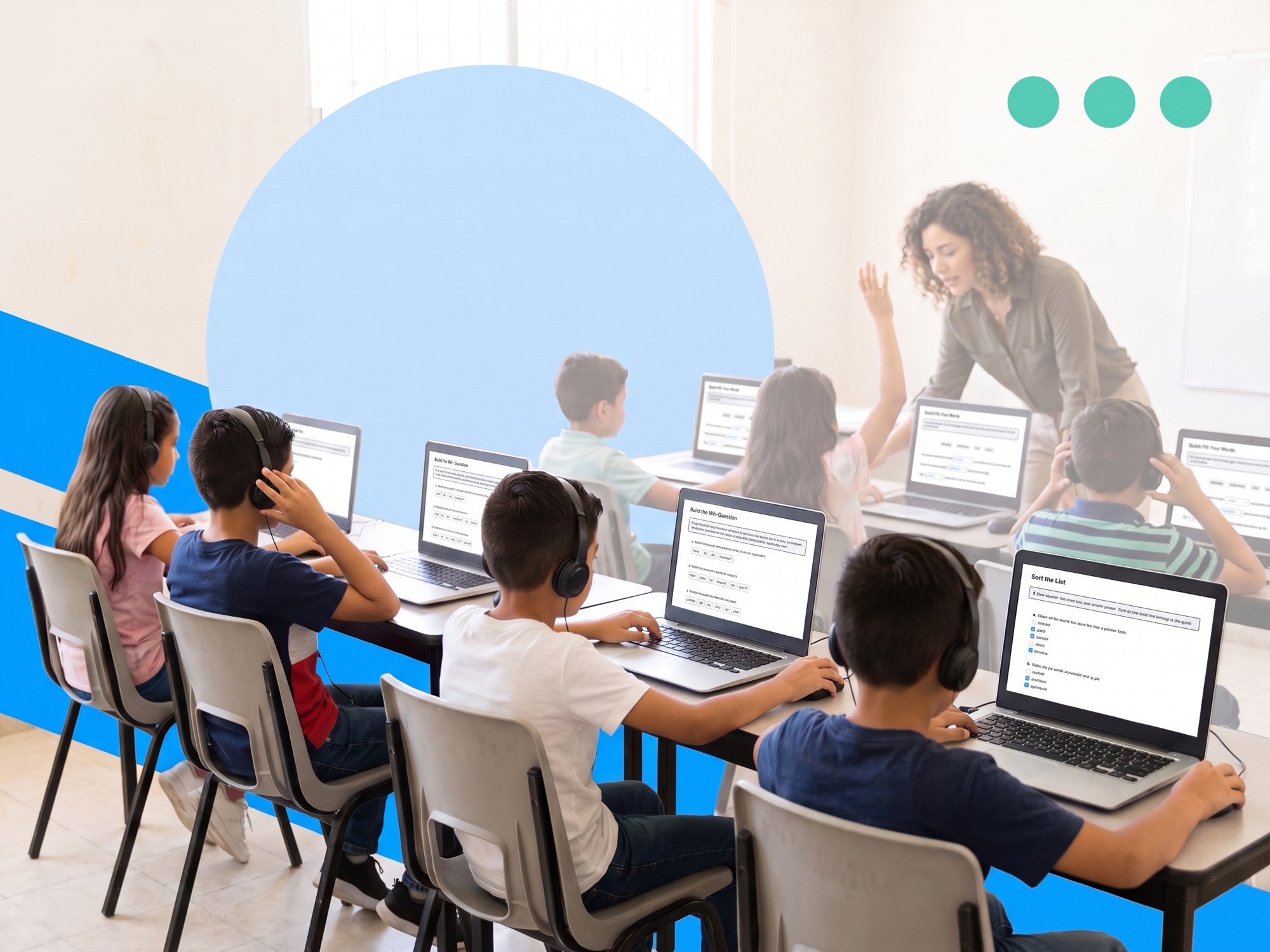 Primary students taking a placement test on laptops with headphones